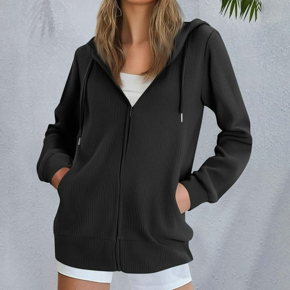 YODETEY Women's Fleece Zip Up Hoodies, No Boundaries Fall Zip Up Long Sleeve Drawstring Jackets with Pocket, Oversized Lightweight Hoodies for Women,Black,S