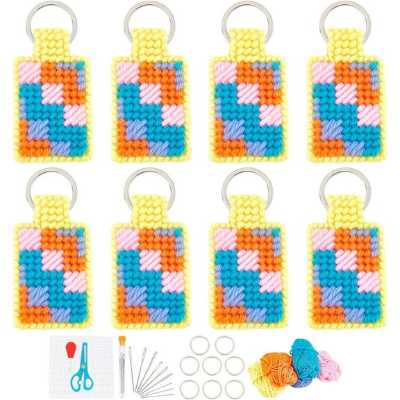 8Set Keychain Kit Plastic Mesh CanvasSheet Crochet Keychain Macrame Keychain Kits for Beginners Backpack Charm Kit for Men Women Handmade Gift