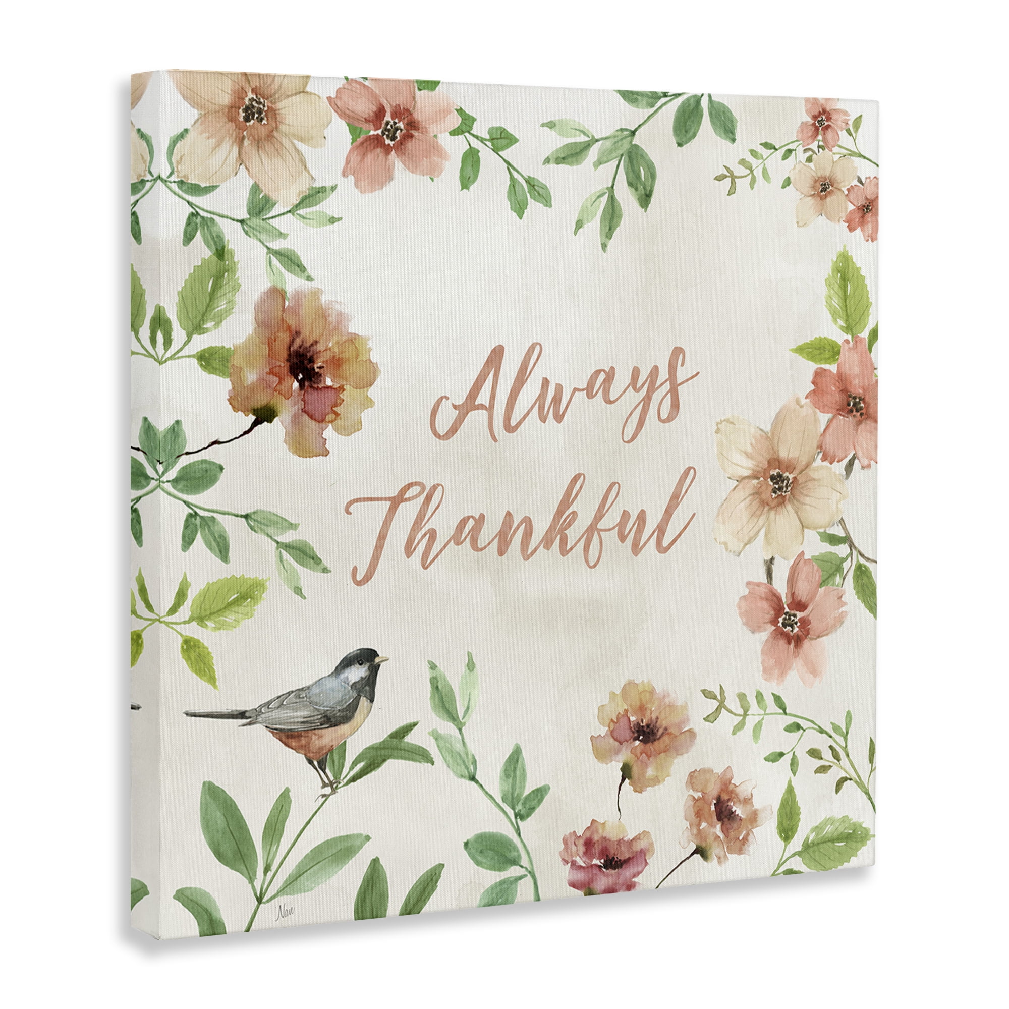 Stupell Industries Always Thankful Floral Botanical & Floral Painting Gallery Wrapped Canvas Art Print Wall Art, 24 x 24