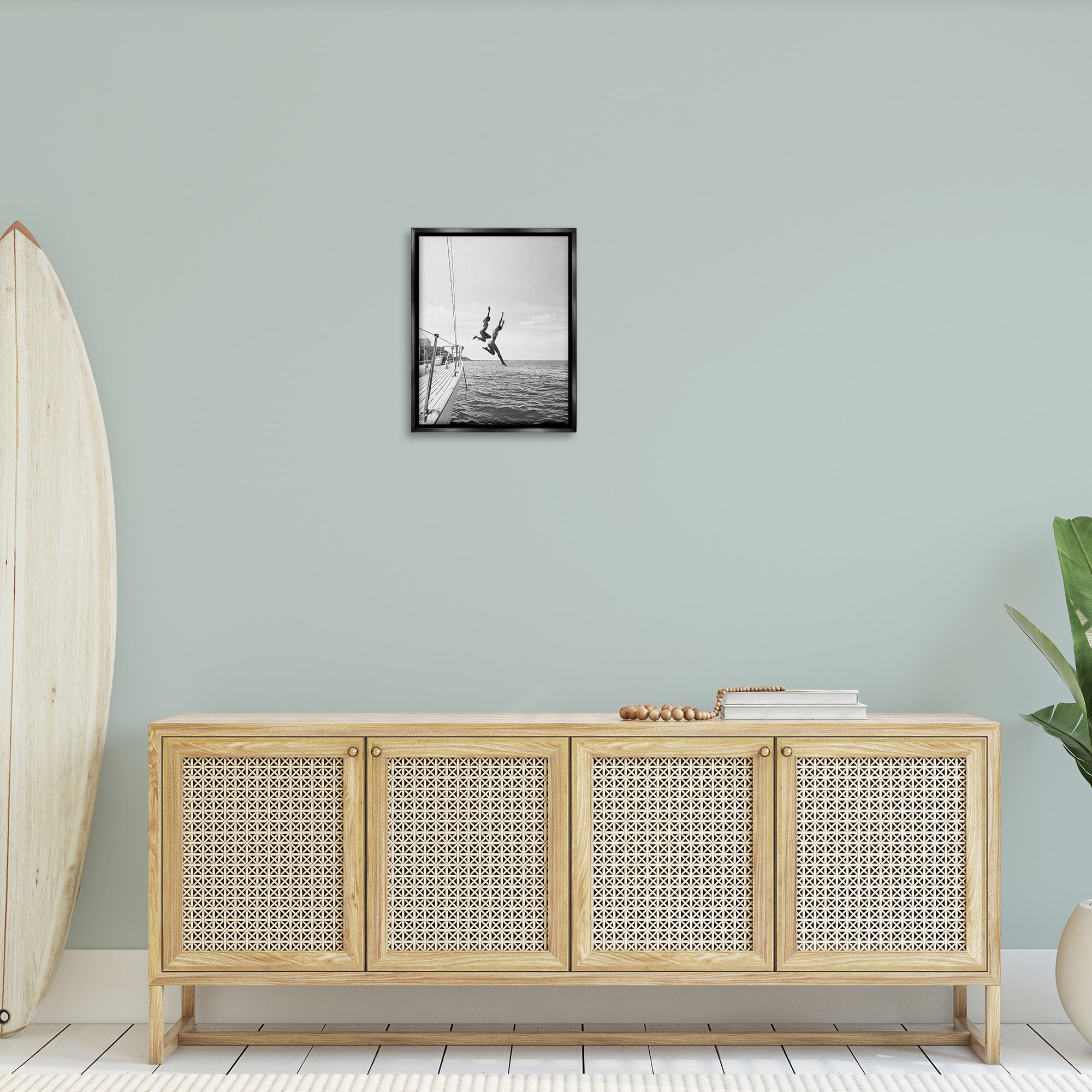 Stupell Industries People Diving from Boat Transportation Photography Black Floater Framed Canvas Art Print Wall Art, 17 x 21
