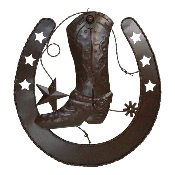 15"D Rustic Western Lucky Horseshoe Cowboy Boot Spur Stars Metal Wall Decor Sign