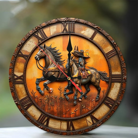 Cowboy Horse Wall Clock Rustic Decor 10-Inch Silent Wooden Wall Clock, Battery Operated (AA Batteries Not Included), Artistic Home Decor