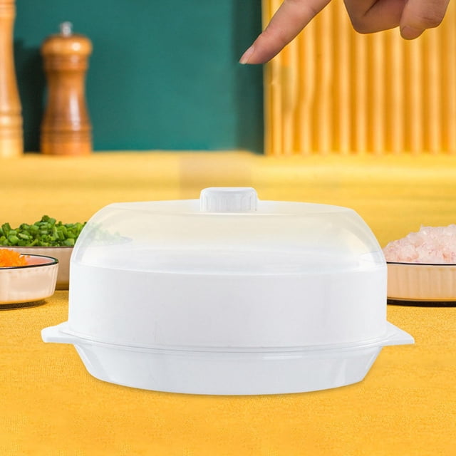 Vaporizador de calentamiento de microondas redondo para cocinar utensilios de cocina con tapa transparente rápida, recipiente de comida para pescado, , blanco de una blanco de una sola capa perfecl Vaporizador de microondas