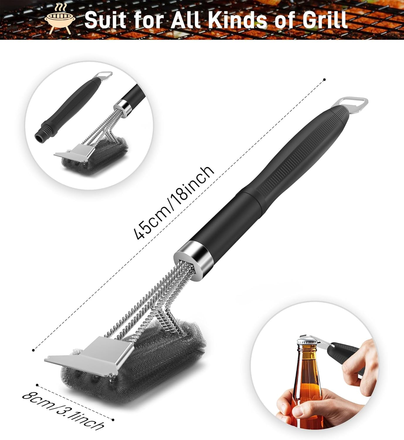 Grill Brush and Scraper 18 Inch Adjustable Handle BBQ Cleaning Brush with Bottle Opener Extra Strong Grill Cleaner for Gas and Charcoal Grill Grates Outdoor Grill Accessories