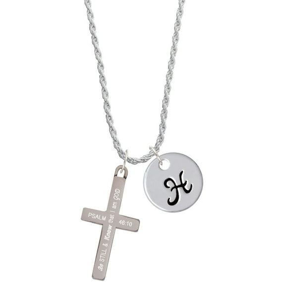 Delight Jewelry Stainless Steel Psalm 46:10 - Be Still and Know Engraved Cross - Silvertone Script Initial Disc - H - Charm Necklace, 20"+3"