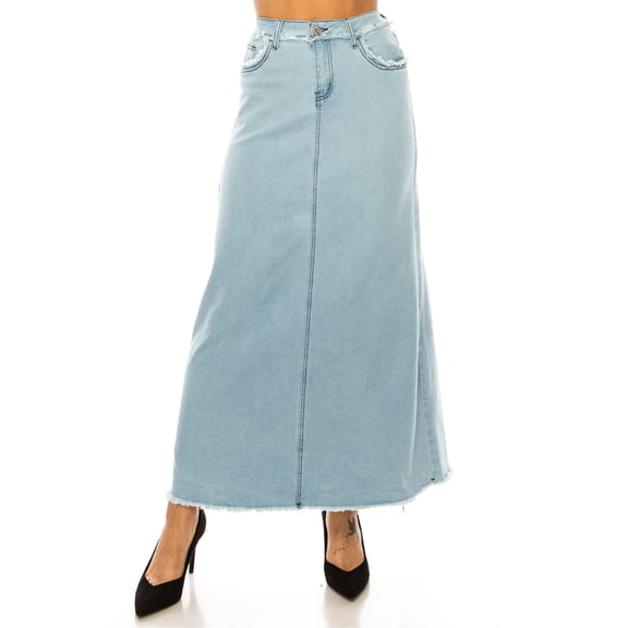 Be-Girl Women's Light Blue Denim Maxi Skirt, A-Line, Frayed Hem - SG-89246