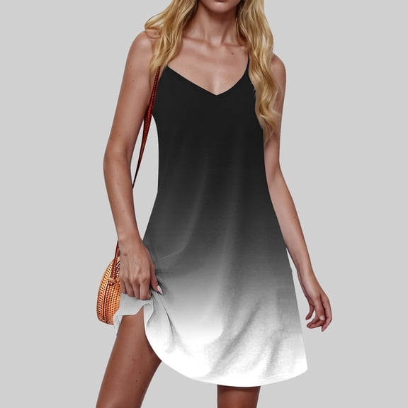 qolati Summer Dresses for Women 2025 Gradient Print Spaghetti Strap Casual Swing Tank Dress V-Neck A Line Beach Cover Up Mini Dress