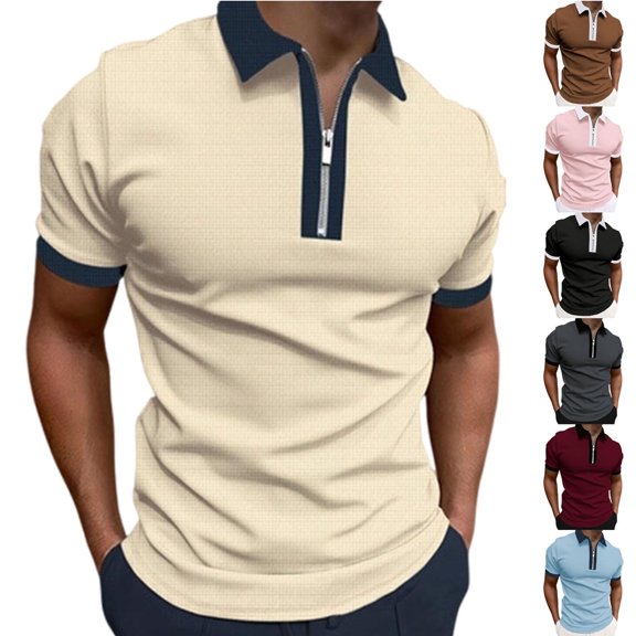 IhhxPro Men's Short Sleeve Zip-Up Collared Shirt Contrast Collar Summer Top Casual Golf Lightweight Quick Dry Athletic Fit S-2XL
