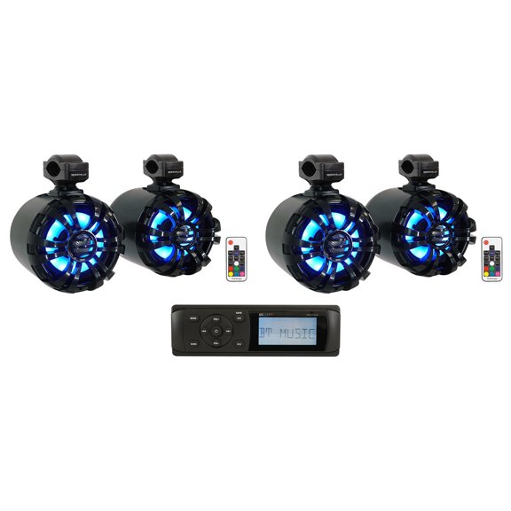 MB Quart MDR2.0 Marine/Boat Bluetooth Receiver (4) Black 6.5" LED Tower Speakers