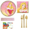 Disney Princess Aurora Birthday Party Supplies Bundle Including Plates, Napkins, Utensils, and a Printed Ribbon