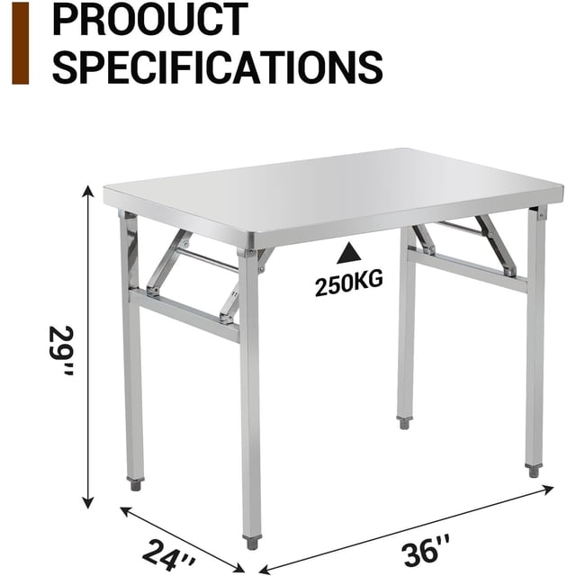Commercial-Worktable Folding Workstation Stainless-Steel Heavy-Duty 36 x 24 Inch with 220 lbs Load, Silver Stainless Steel Kitchen Island,Kitchen Work Table