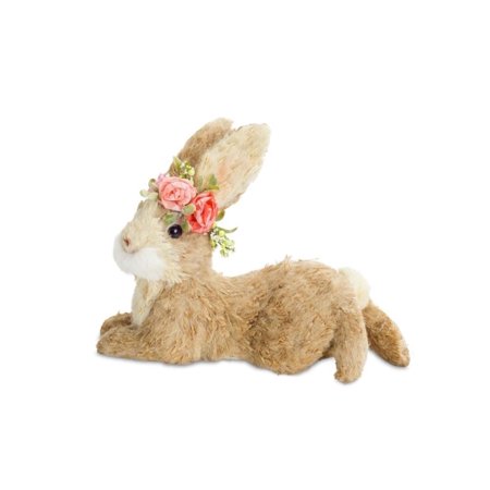 Set of 2 Brown and White Laying Easter Bunny Rabbit with Flower Headband 9"