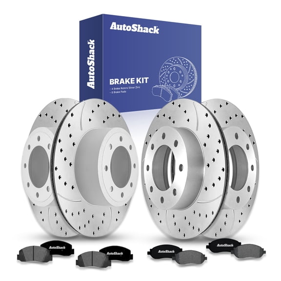 AutoShack Front Vented & Rear Vented Drilled & Slotted Silver Zinc Coated Brake Rotors   Ceramic Pads 12-PC Brake Kit Replacement for 2007 Ford F-250 Super Duty SilverShield Pro