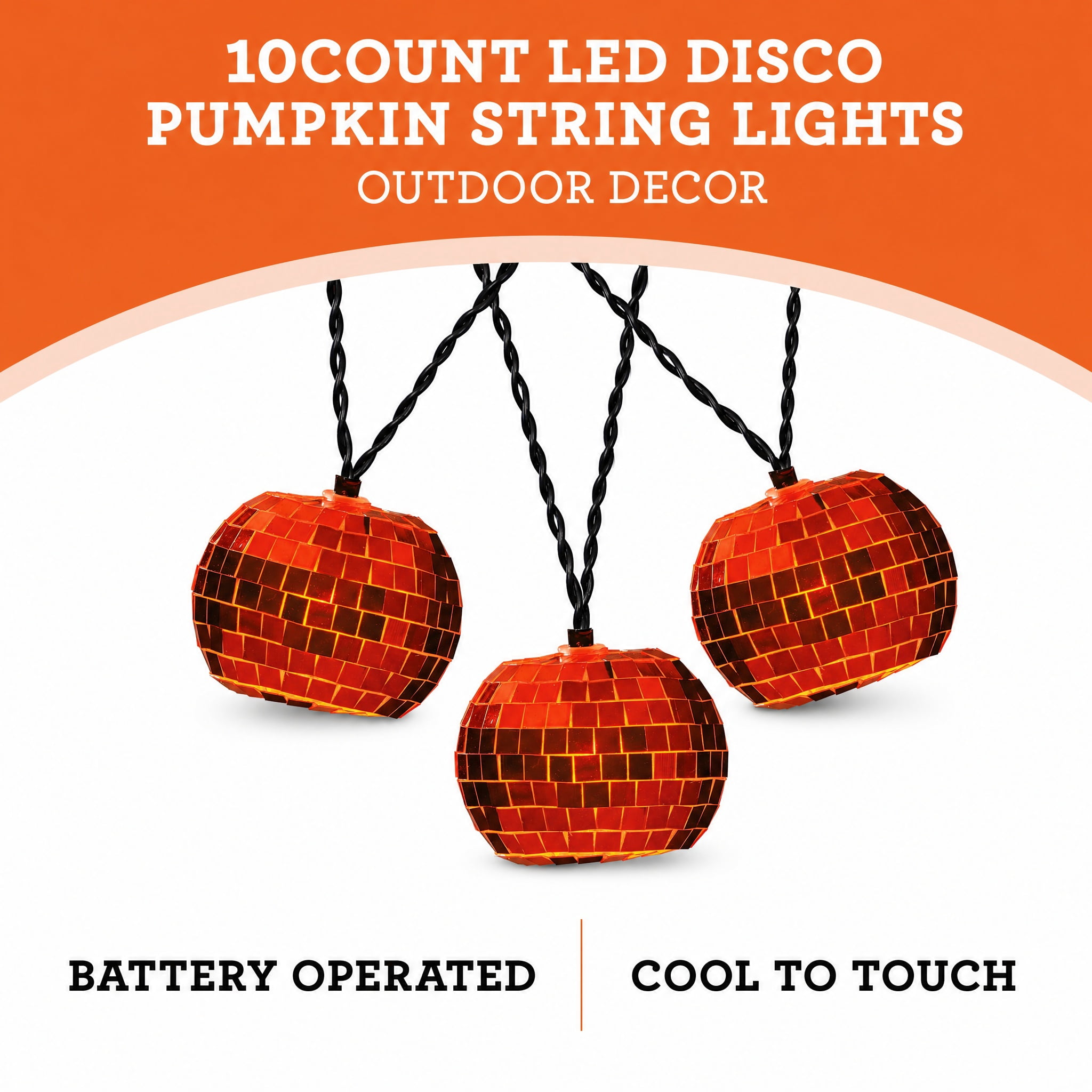 Indoor 10-Count Battery-Operated LED Disco Pumpkin String Lights, Orange, 4.5', Halloween by Way To Celebrate