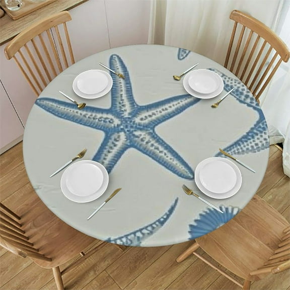 BANET Round Waterproof Table Cover Tablecloth Fitted Elastic Edged Round Table Cover Fits Round Tables Coastal Nautical Marine Starfish Shell 31"-35