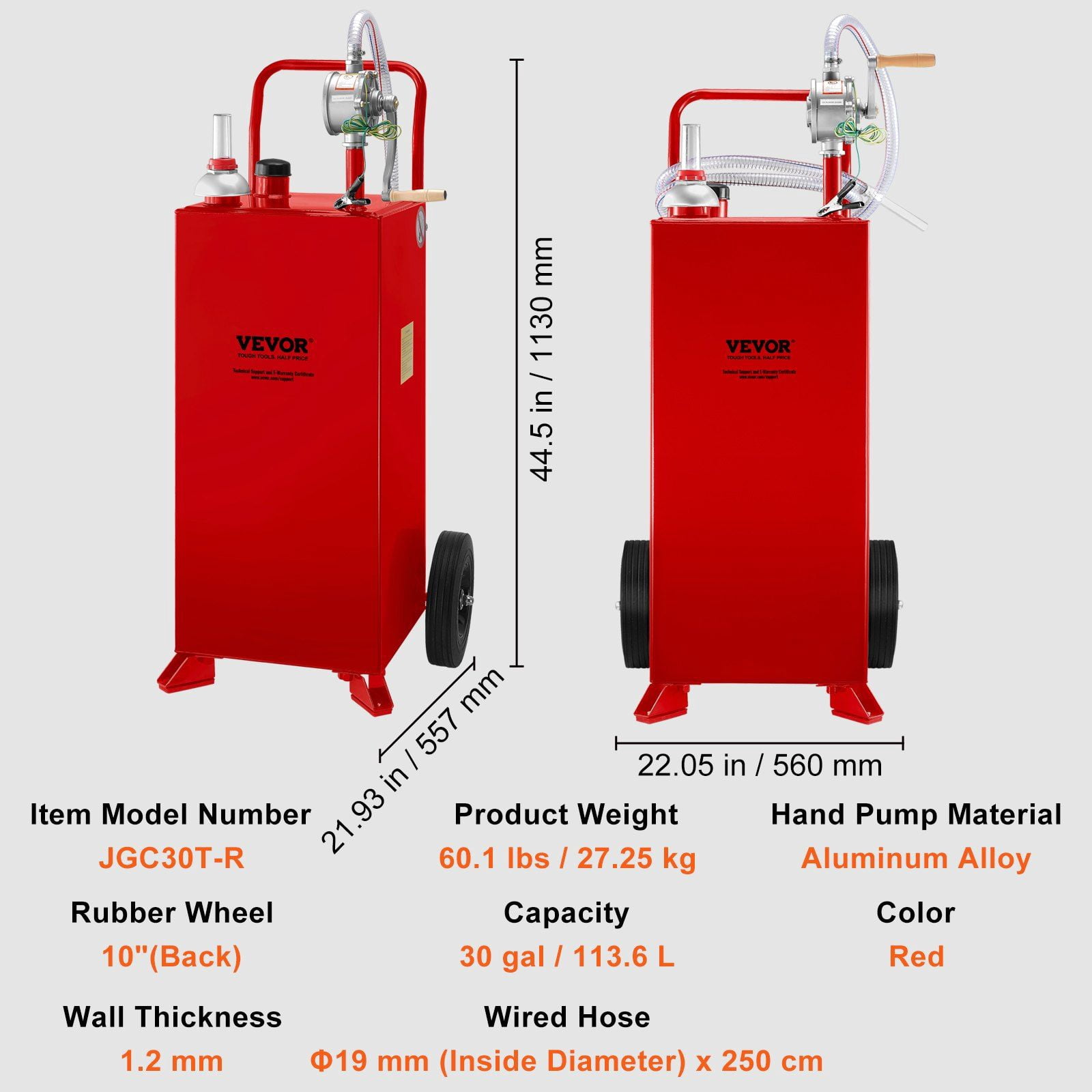 30-Gallon Portable Gas Caddy with Manual Pump, 2-Wheel Fuel Storage Tank for Gasoline/Diesel, Ideal for Cars, Lawn Mowers, ATVs, Boats (Red)