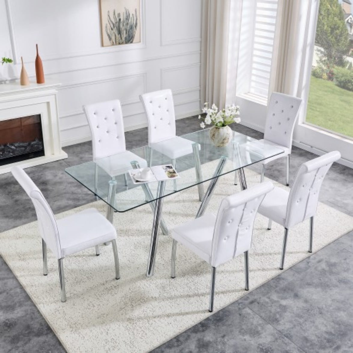 71" Tempered Glass Dining Table, Modern Large Kitchen Table with Sturdy Metal Legs, Round Edge Dining Room Table for Home & Family, Silver