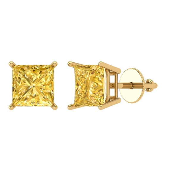 3 ct Screw-Back Stud Earrings for Women | 6.5mm Princess Cut Simulated Yellow Diamond | 18K Yellow Gold