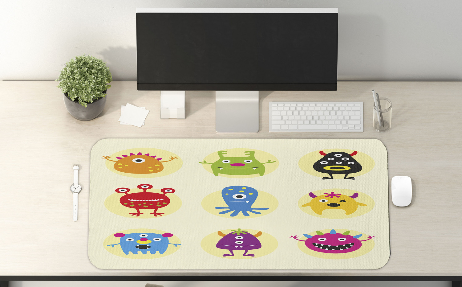 Alien Computer Mouse Pad, Colorful Monsters Extraterrestrial Beings Illustration Childish Cartoon Art, Rectangle Non-Slip Rubber Mousepad X-Large, 35" x 15", Cream and Multicolor, by Ambesonne - image 2 of 2
