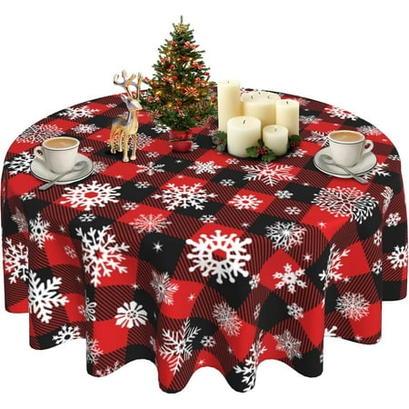 

Christmas Round Tablecloth 60 Inch Buffalo Plaid Snowflake Design AntiWrinkle Waterproof Wipeable Table Cloth Perfect for Festive Kitchen and Home Decoration Ideal Holiday Gift