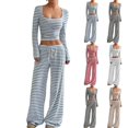 thumbnail image 7 of Aellinatey Womens Striped 2 Piece Sets Square Neck Top Cropped Tunic Wide Leg Pants Casual Lounge Sweatsuits Vacation Clothes, 7 of 7