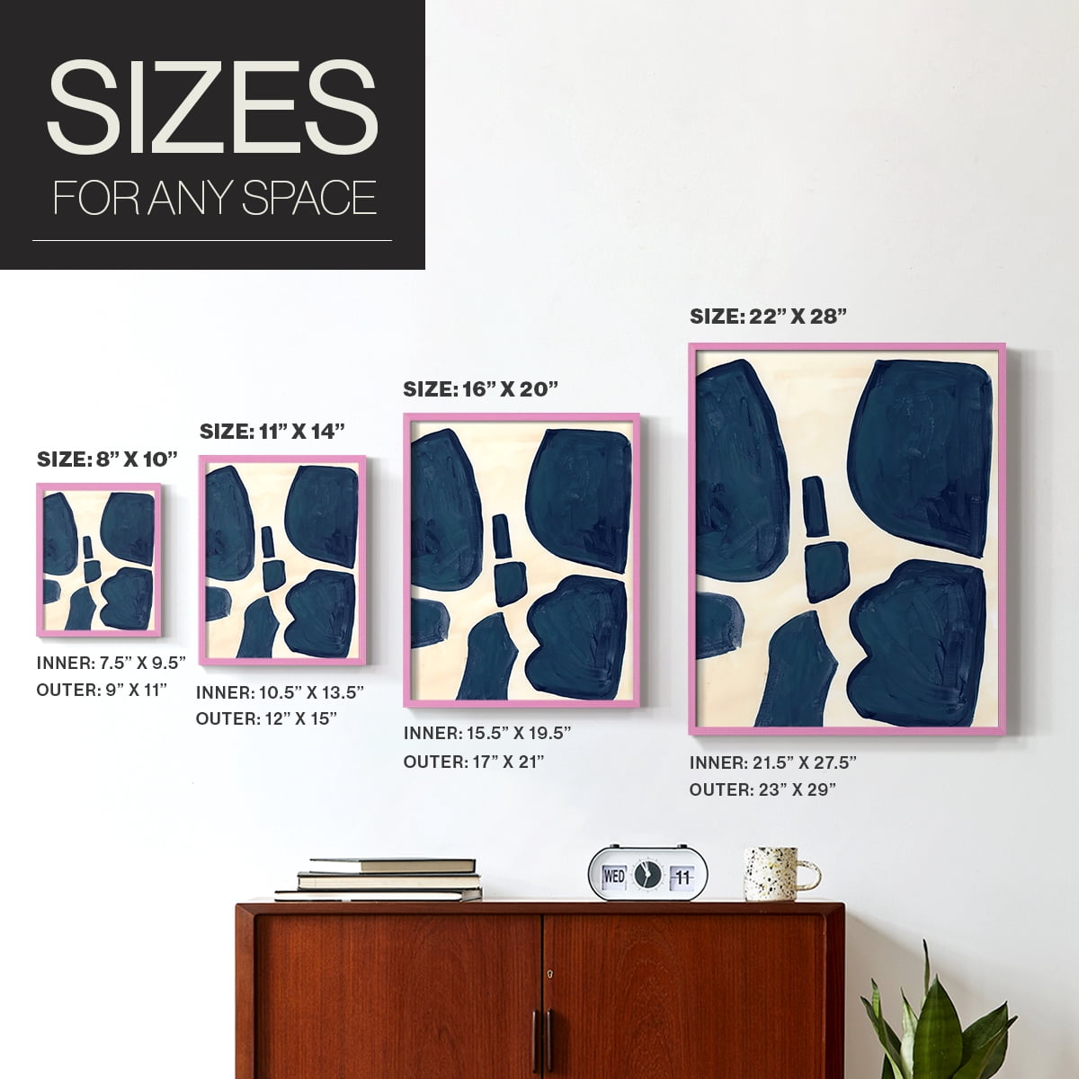 Blue Pieces II Framed Print in Pink Solid Wood Framed Print No Nail Hanging