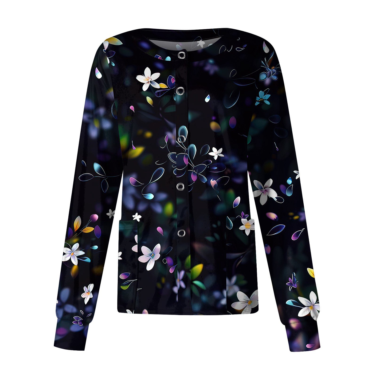 SAATLERI Women's Scrub Jackets for Nurses Floral Print Long Sleeve Scrub Tops Women Snap Front Stretch Medical Uniform with Pockets