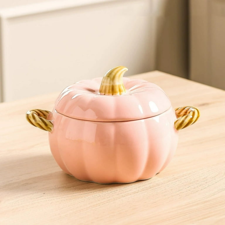 Deyuer Pumpkin Bowl With Double Handles,Stackable Ceramic Pumpkin Soup Bowls,Glossy Enamel