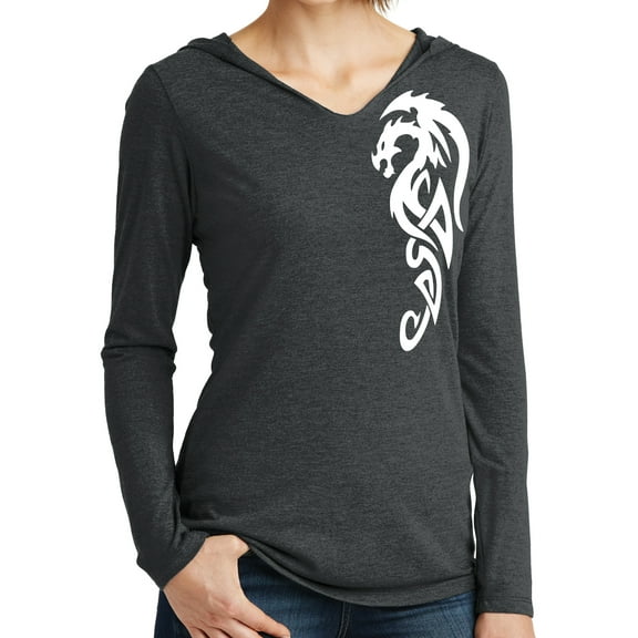 Ladies White Tribal Dragon Lightweight Hoodie V-neck Tee - Black Frost, Extra Small