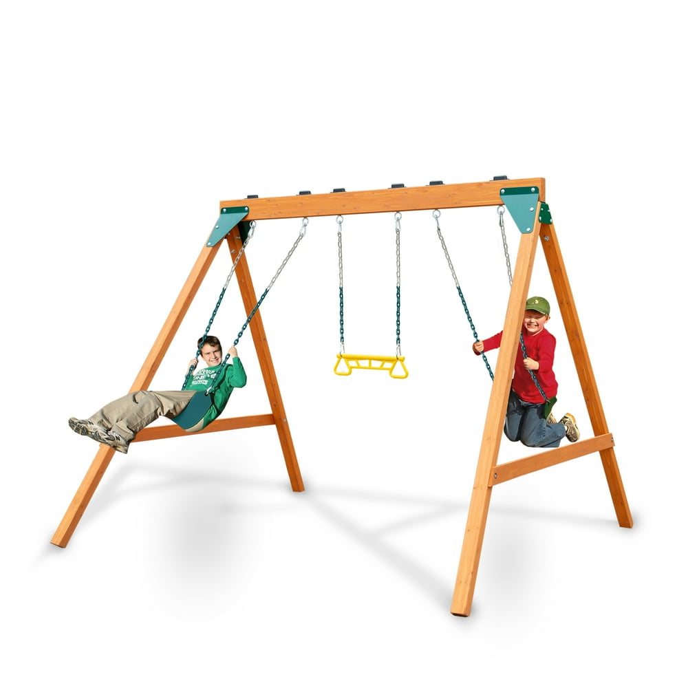 SwingNSlide Ranger Wooden Swing Set with 2 Swing Seats and Trapeze