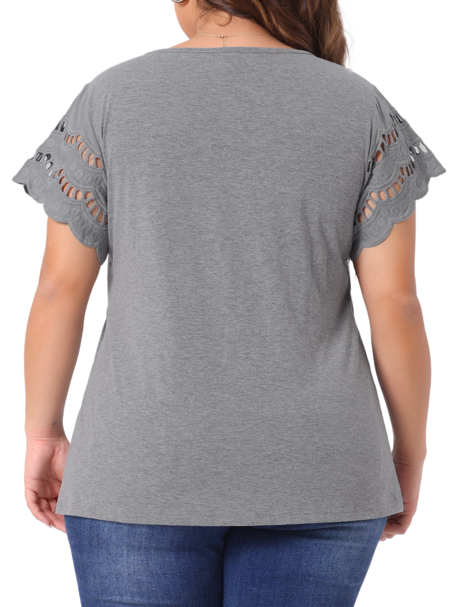 DARING DIVA Women's Plus Size Round Neck Lace Panel Blouses 2X Grey