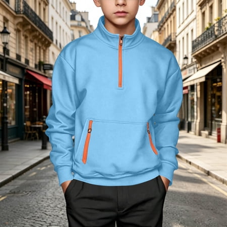 Boys Sky Blue Quarter Zip Pullover Sweatshirt Lightweight Long Sleeve with Kangaroo Pocket Size 5-6T