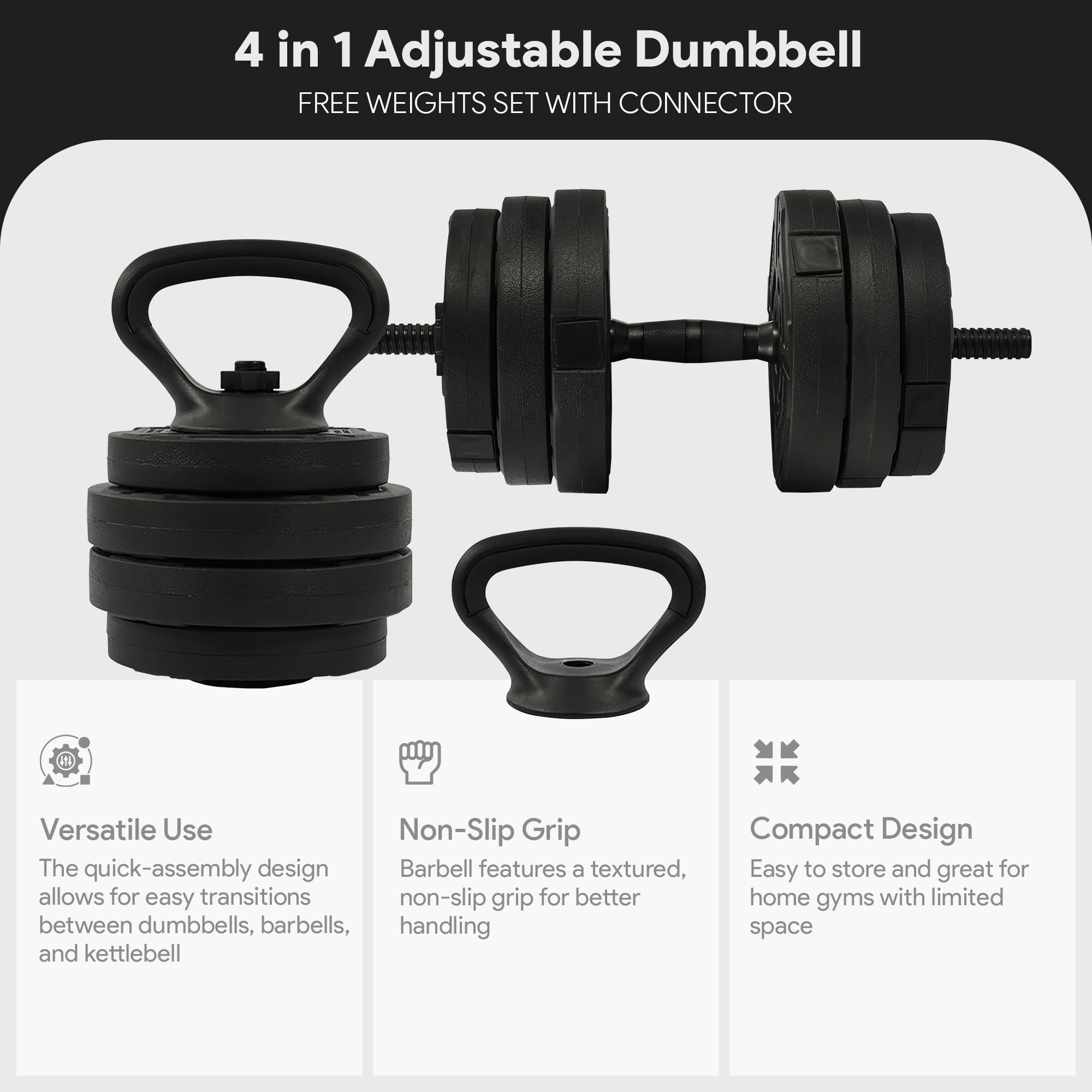 Fitvids 4 in 1 Adjustable Dumbbell Set, 60lbs Free Weights Set with Connector, Black