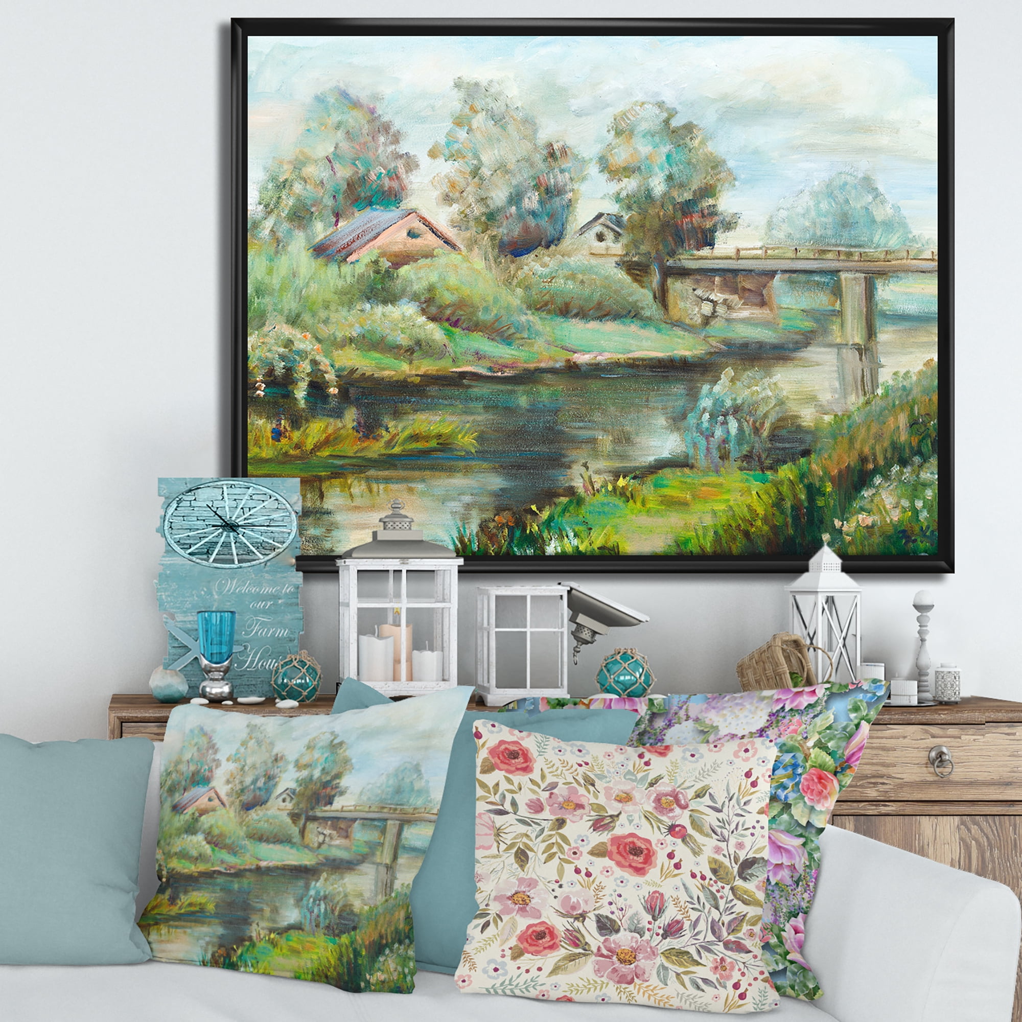 Designart 'Rustic Landscape With Bridge On The River' Lake House Framed Canvas Wall Art Print
