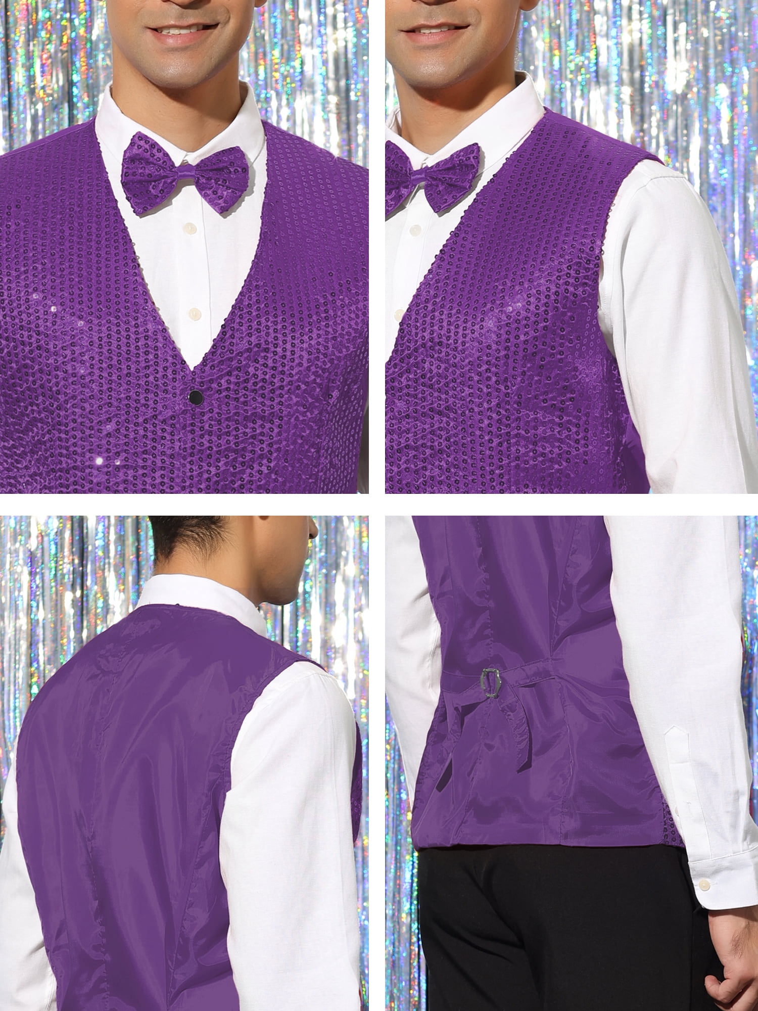 Unique Bargains Men's Sequin Waistcoat Sleeveless Dress Suit Vest with Bow Tie L Purple