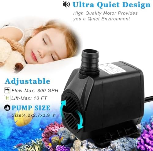 Large Flow: 800GPH（3000L/H）Submersible Pump with 6.5 ft Tubing, 45Watt Durable Fountain Water Pump With 4 Nozzles For Above 80 gallons Fish Tank or Pond
