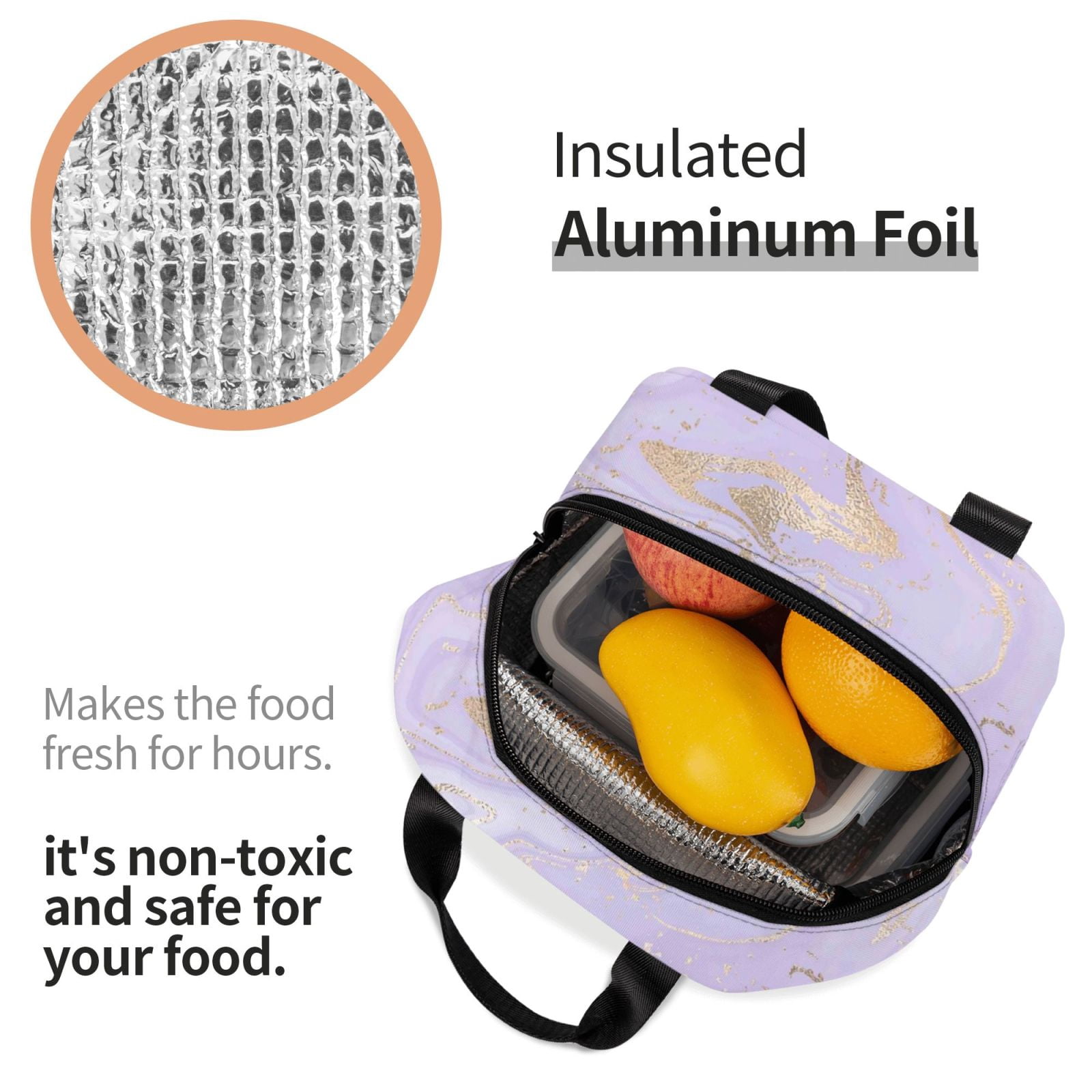 Ratiio Lavender Glitter Foil Stripes Print Lunch Bag Lunch Box Insulated Lunch Bag Adult Lunch Box for Men and Women