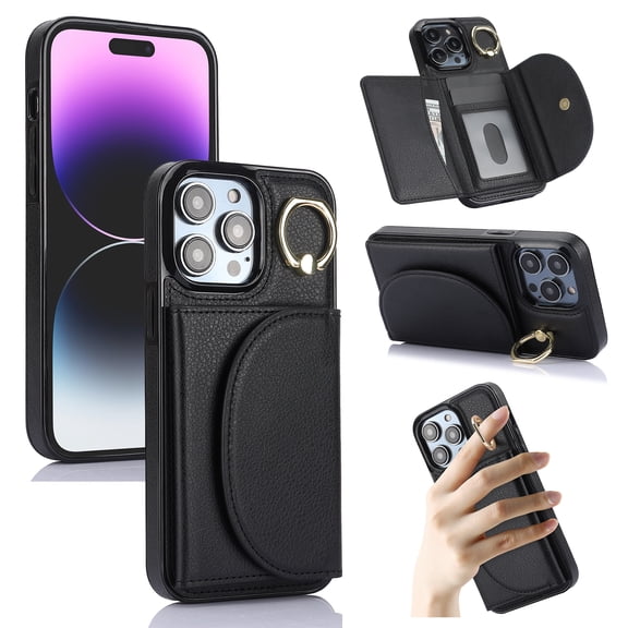 Wallet Case Compatible with iPhone 13 Pro Max with Card Holder,RFID Blocking,360°Rotation Finger Ring Stand Leather Cover,Drop Protection with Magnetic Snap Phone Case iPhone 13 Pro Max, Black