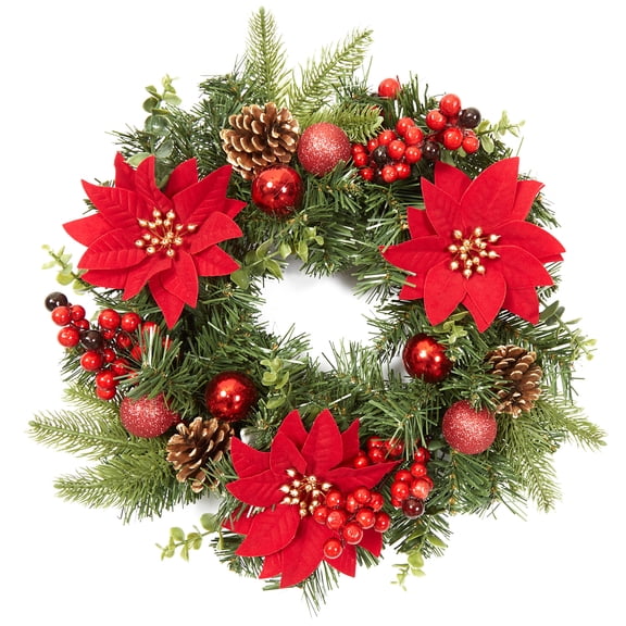 16 Inch Artificial Christmas Wreath, PVC Pine Wreath with Red Poinsettia Flowers, Berries, Pine Cones & Ornament Balls, Metal Frame Base, for Front Door Wall Mantel Holiday Xmas Decoration
