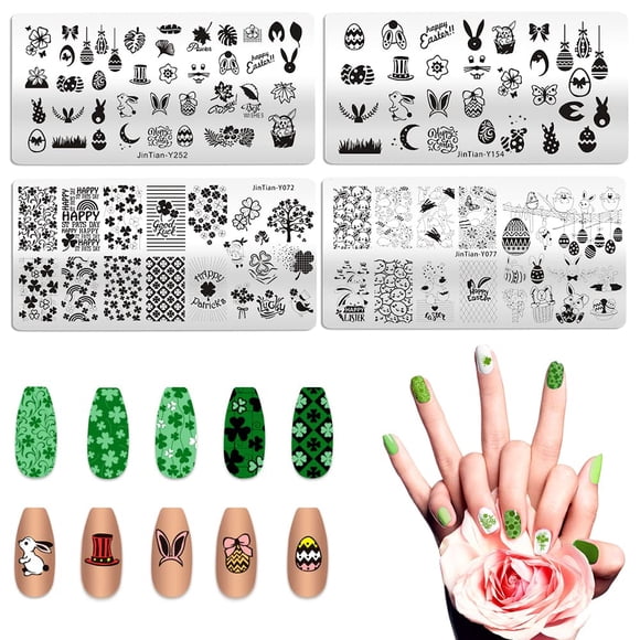 ALIBBON Juego de 4 placas de estampado de uñas de Pascua, plantillas de sellos para decoración de uñas del día de San Patricio, kit de plantillas de sellos de conejito de huevo de Pascua, placas de uñ