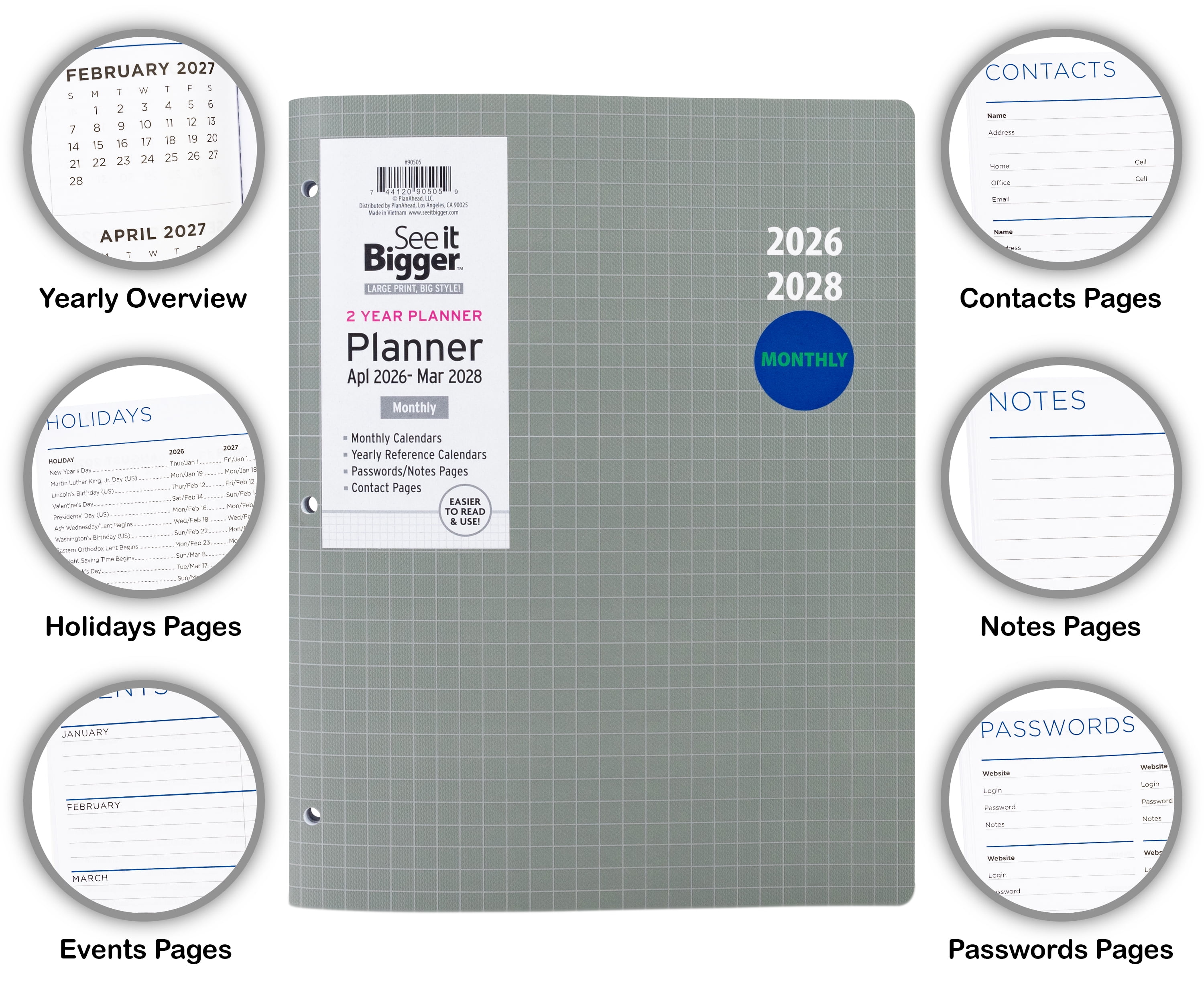 See It Bigger Monthly Planner, Large (8.5” x 11”), Grey, 2-Year: Apr 2026 - Mar 2028