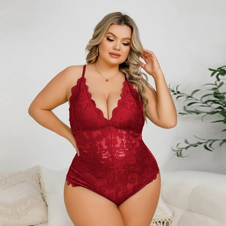 GENGING Lingerie Clearances Lingerie for Women Deep V Neck Teddy Lingerie Halter Spaghetti Straps Lace Bodysuit Nightgown