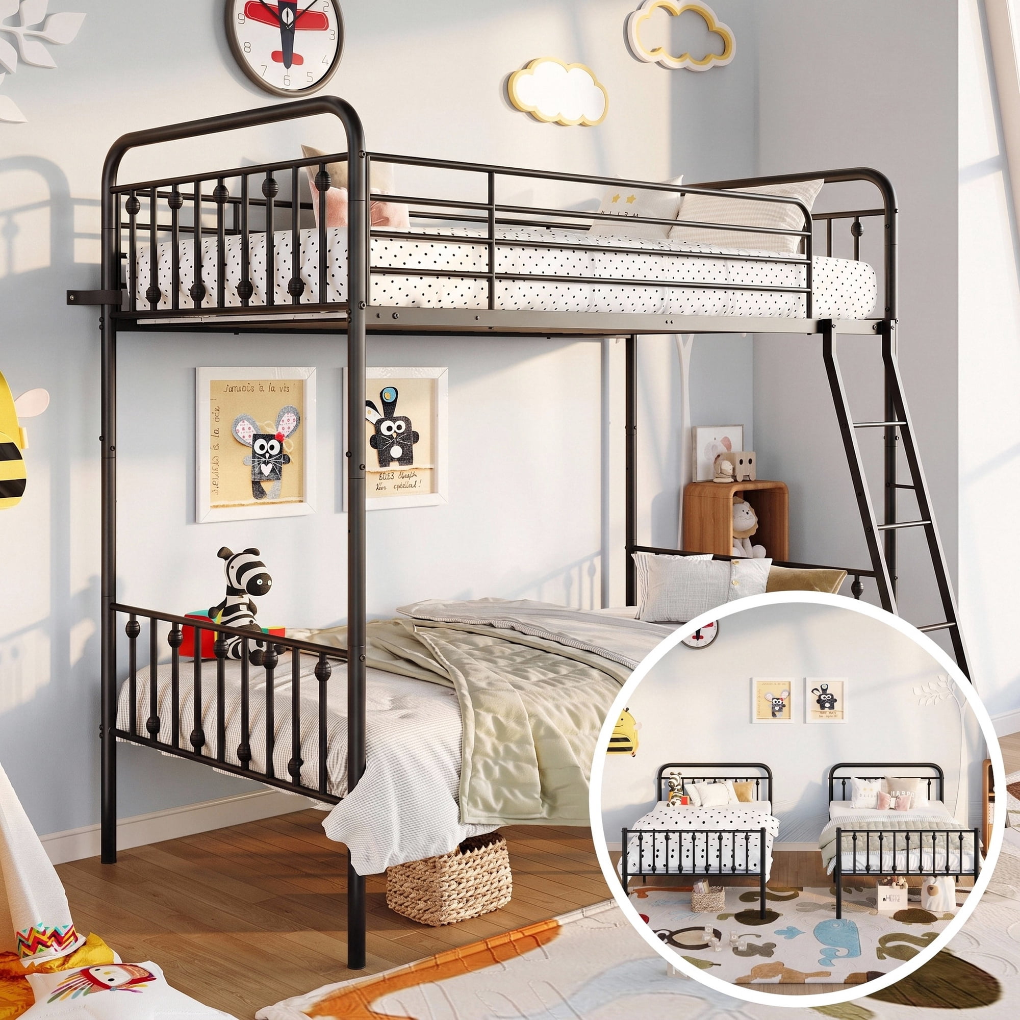 Amolife Twin over Twin Size Metal Bunk Bed with Removable Ladder, Used as Bunk Bed or Two Twin Beds, Full-Length Guardrail, Black