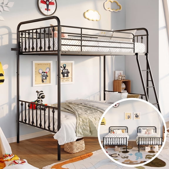 Amolife Twin over Twin Size Metal Bunk Bed with Removable Ladder, Used as Bunk Bed or Two Twin Beds, Full-Length Guardrail, Black