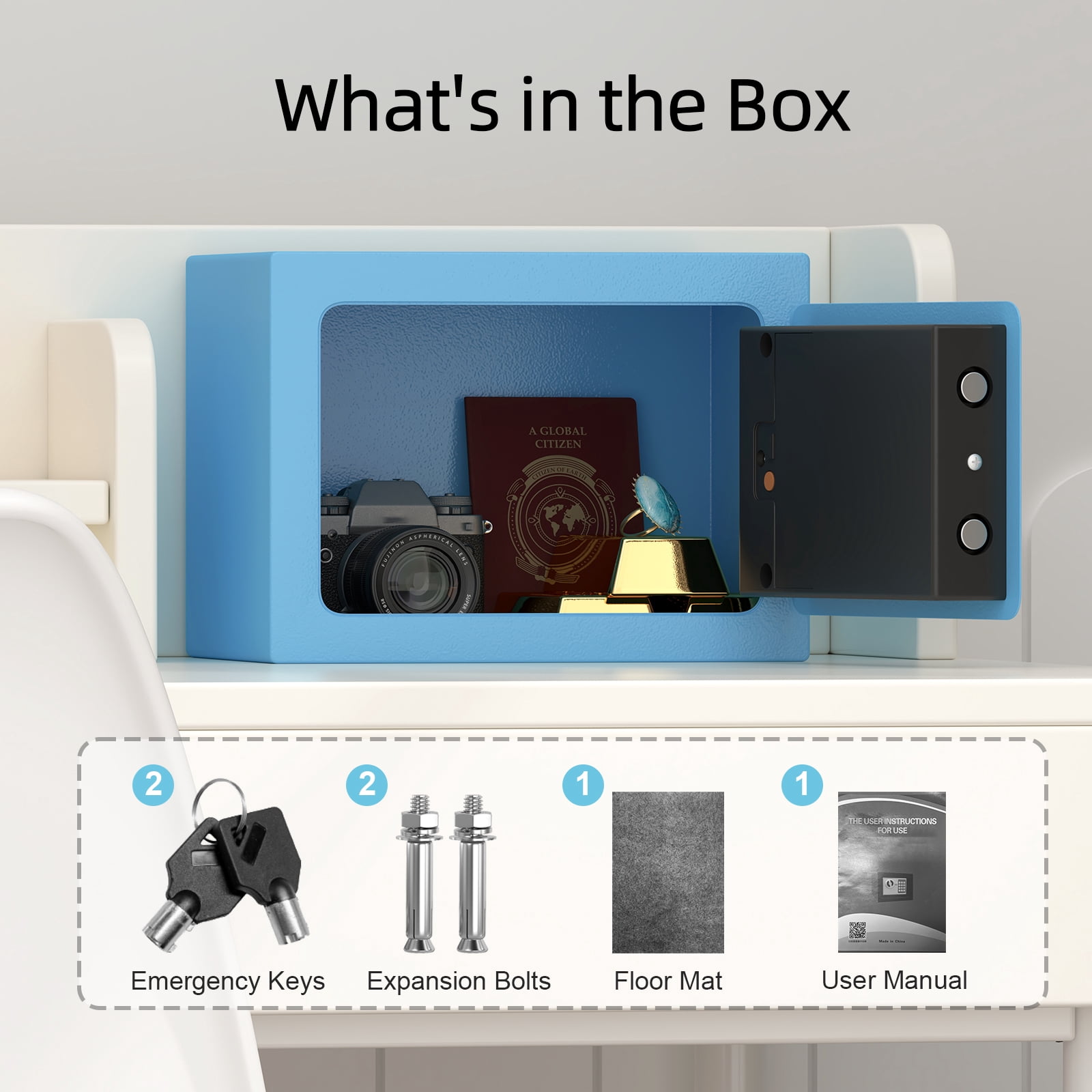 Marcree Money Safe Box for Home with Sensor Light & Fireproof Money Bag - 0.23 Cubic Feet Security Safe Box with Digital Keypad, Keys & Pass Code Lock, 9.05" W x 6.69" D x 6.69" H, Blue