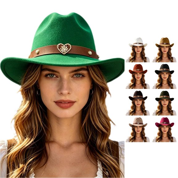 XIAOCHA Women's Rhinestone Embellished Wool Cowboy Hat Cattleman Rodeo Wide Brim Western Hat,Green
