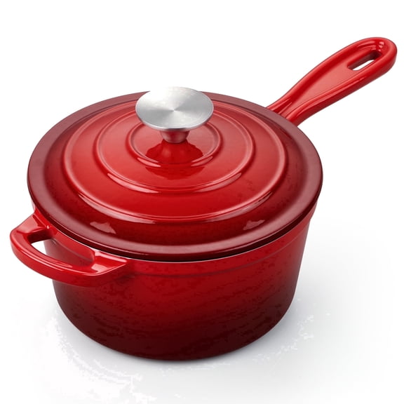 Walchoice 2QT Saucepan with Lid, Enameled Cast Iron Sauce Pan Pot, 2 Quart Small Dutch Oven Cooking Kitchen Pot, Nonstick & Heavy Duty - Red
