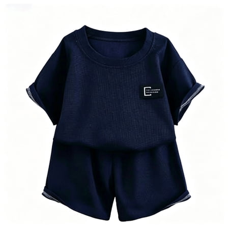 SNKSDGM Boys Girls Knit Label Short Sleeve Shorts 2Pcs Set Crew Neck Loose Elastic Waist Pants Kids Summer Air Conditioning Loungewear Multi Solid Color Set Navy 9-10 Years