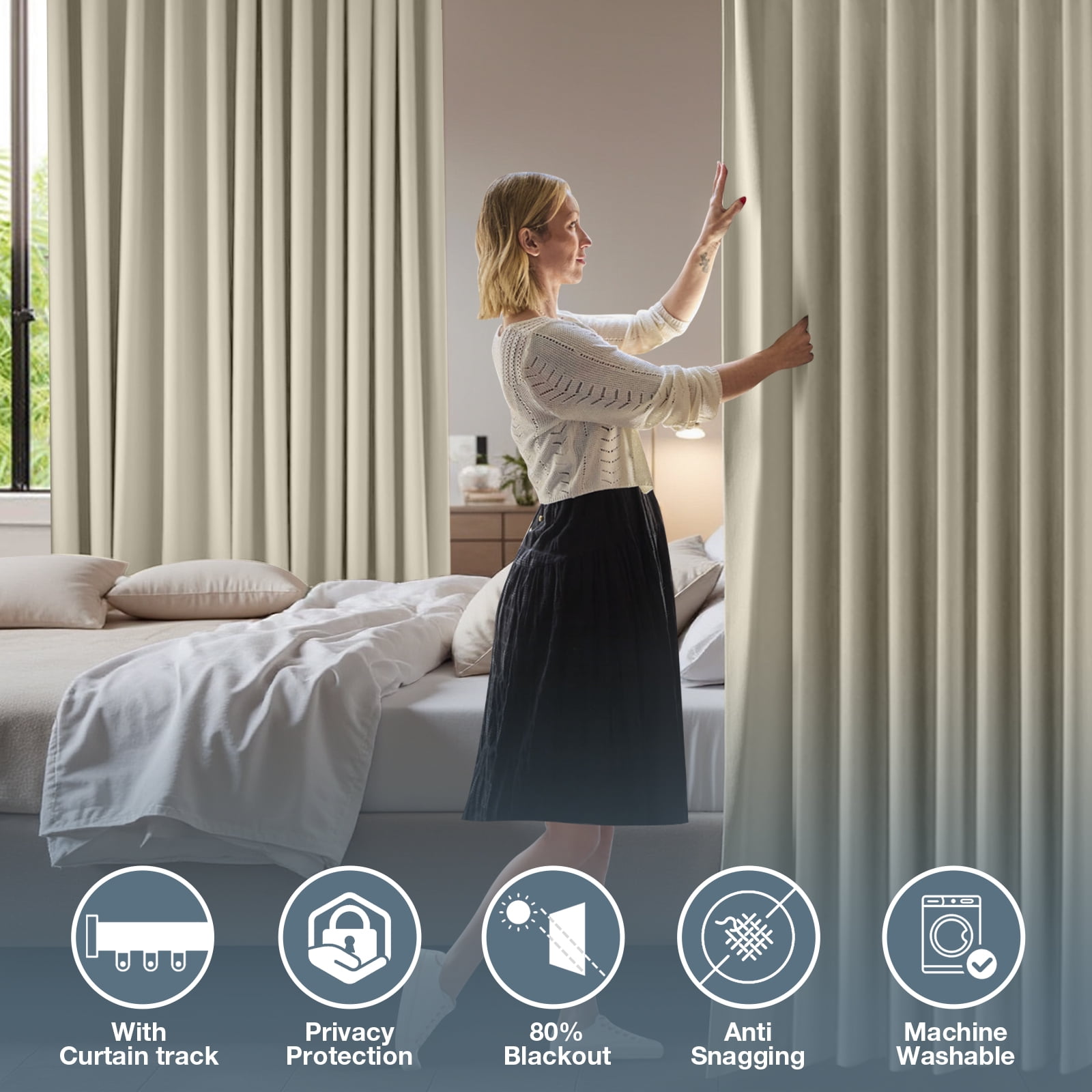 DONGPAI Room Divider Curtains Blackout Privacy Curtain Flexible Ceiling Track Thermal Insulated Noise Reduction Curtains for Living Room Bedroom Partition Separator, 1 Panel, Beige, 100"x 108"
