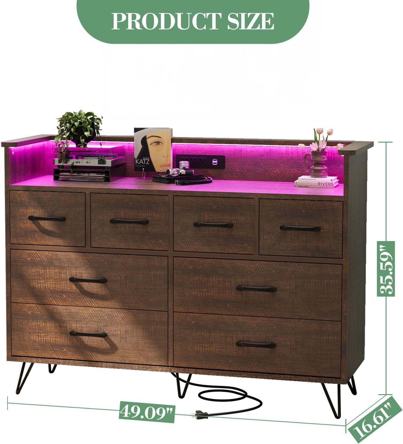 8 Drawer Wood Dressers for Bedroom with Led Light and Power Outlet, Wooden Dressers with Open Shelves and Gold Handle for Adult and Kids Bedroom, 16.6" Wide Modern Chest of Drawers for Living Room